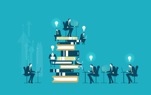 团队的业务人员围绕着书籍工作，作为学习、知识和数据概念的象征。图片下载
