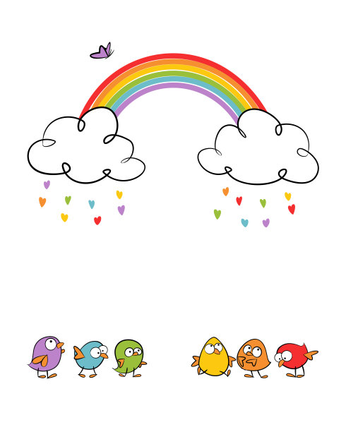 有趣的鸟在云和彩虹庆祝爱-彩色手绘矢量插图图片下载