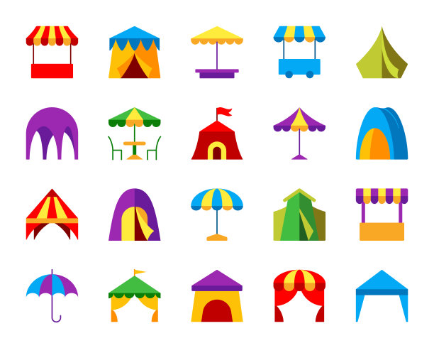 帐篷简单的平面颜色图标向量集图片下载