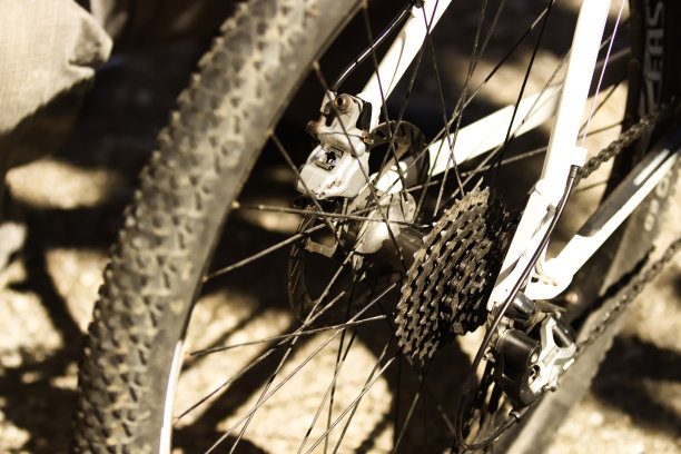 近距离的后自行车车轮和齿轮图片下载