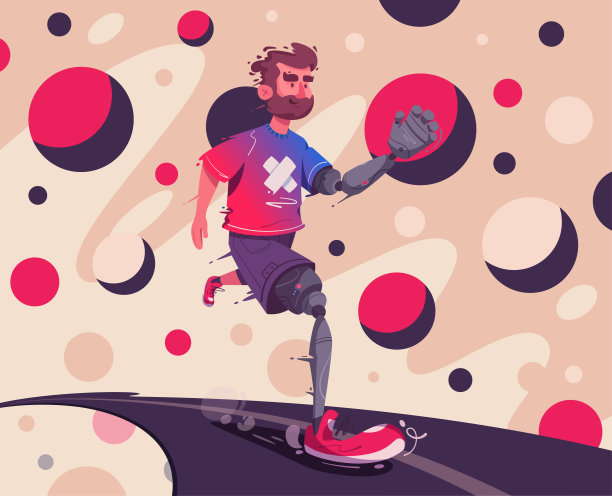 一个戴着假肢的人正在跑步。体育的概念。卡通矢量插图。图片下载