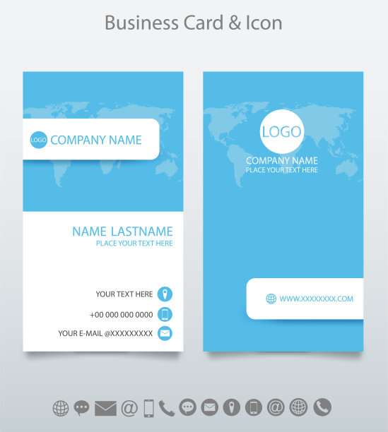 现代创意名片模板和图标。设计与世界地图业务。白色和蓝色的背景。向量。图片下载