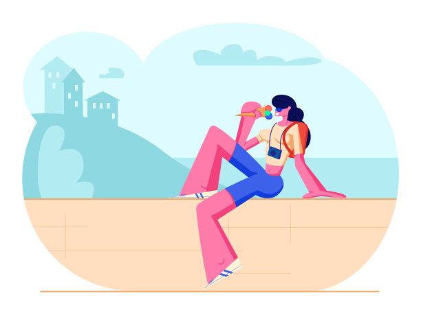 女人在暑假旅行，旅游女孩与相机和背包坐在栏杆上吃冰淇淋在炎热的天气美丽的自然景观背景卡通平面矢量插图图片下载