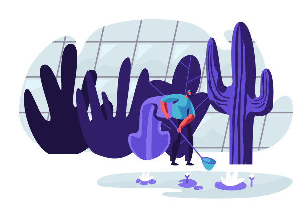 花匠或植物学家站在蝴蝶网旁边的荷花浮动在不同的外来和稀有植物种类的温室区域。卡通平面矢量插图图片下载