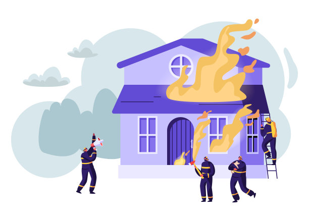 一组消防队员正在燃烧的房子里与大火搏斗。消防制服男角色组灭火，对着扩音器哭，提水，拯救狗卡通平面矢量插画图片下载