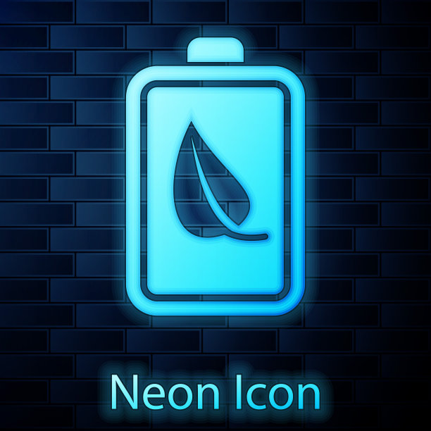 发光的霓虹灯生态自然树叶和电池图标孤立在砖墙的背景。基于生态节能的能源理念。矢量图图片下载