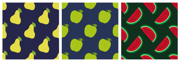果实无缝图案套。梨，苹果和西瓜。时装设计。衣物、亚麻布或窗帘的食物印迹。手绘矢量草图背景集合图片下载