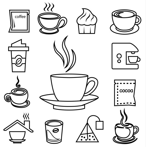 咖啡轮廓图标设置与配件和配料图片下载