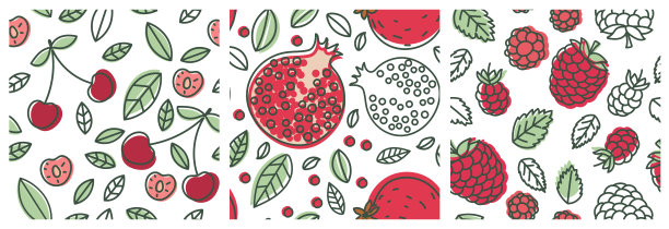 樱桃，石榴和覆盆子。果实无缝图案套。时装设计。衣物、亚麻布或窗帘的食物印迹。手绘矢量草图。收集异国情调的背景图片下载