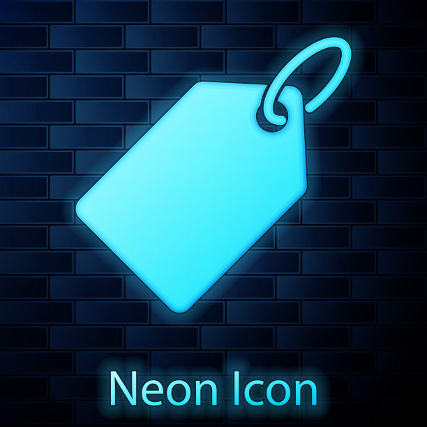 霓虹灯空白标签模板价格标签图标孤立在砖墙背景上。空的购物折扣标签。旗帜模板的折扣。矢量图图片下载