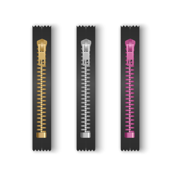 真实的金银拉链，封闭的拉链拉。金属拉链。服装组件拉链面料配件，矢量服装扣上明亮的颜色上的白色背景图片下载