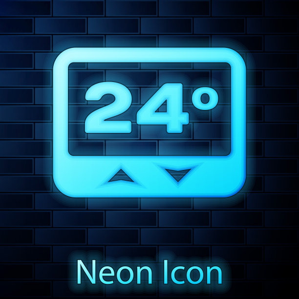 霓虹灯恒温器图标孤立在砖墙的背景上。温度控制。矢量图图片下载