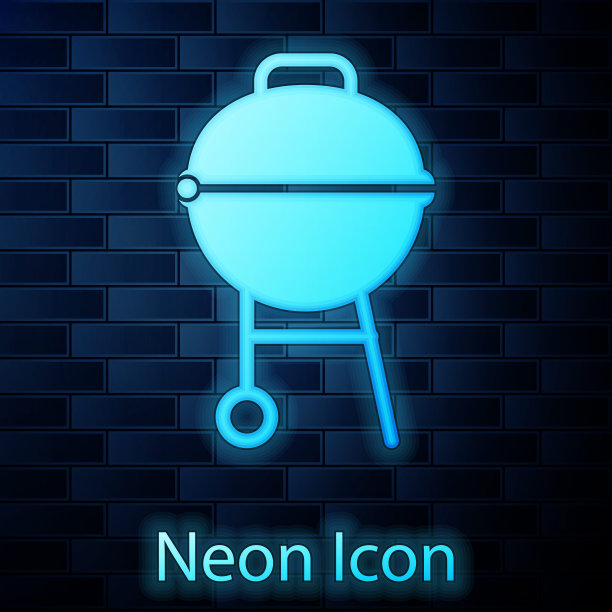 霓虹灯烧烤架图标孤立在砖墙背景上。烧烤烧烤聚会。矢量图图片下载