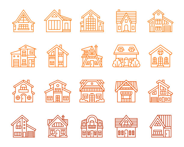 房子简单的颜色线图标外部向量集图片下载