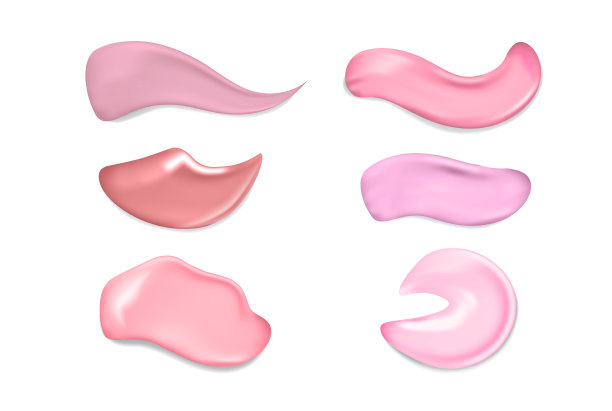 收集各种口红和粉底涂抹在白色背景。美容美容。粉色唇彩笔画图片下载