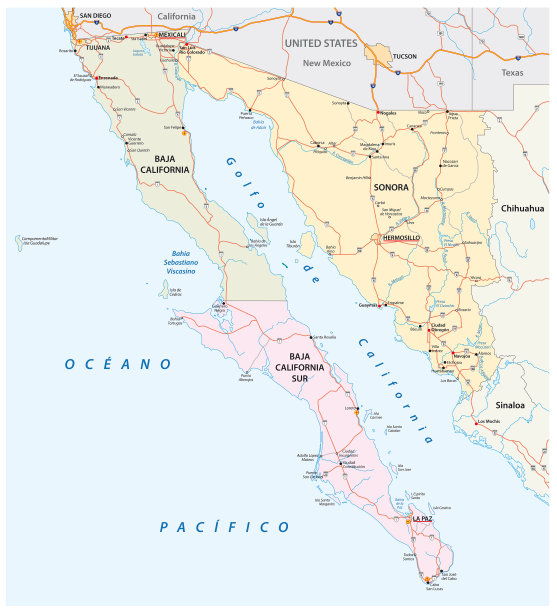墨西哥索诺拉、下加利福尼亚和下加利福尼亚南部各州的路线图图片下载
