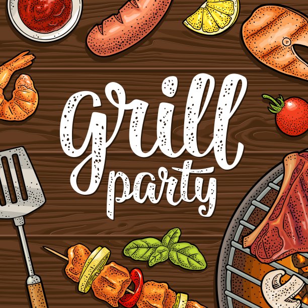 带有烧烤的方形海报。烧烤派对书法书法字母。图片下载