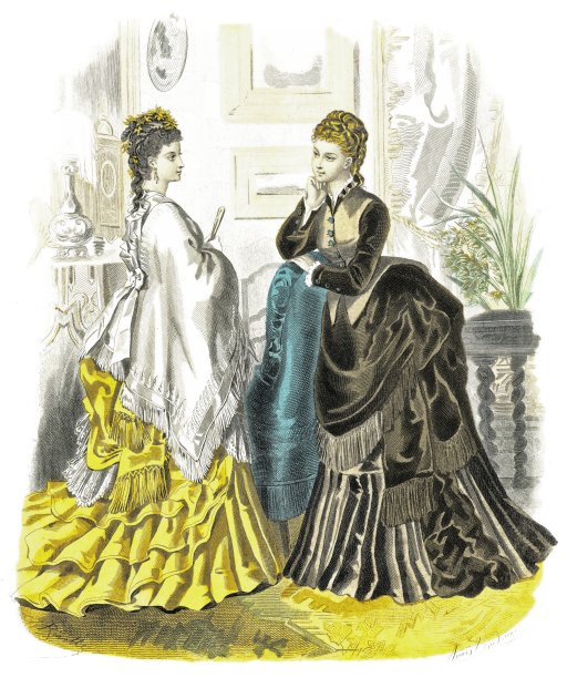 稻草色罗缎连衣裙，外裹薄束腰外衣-布和天鹅绒套装，外裹夹克。优雅时尚1874图片下载