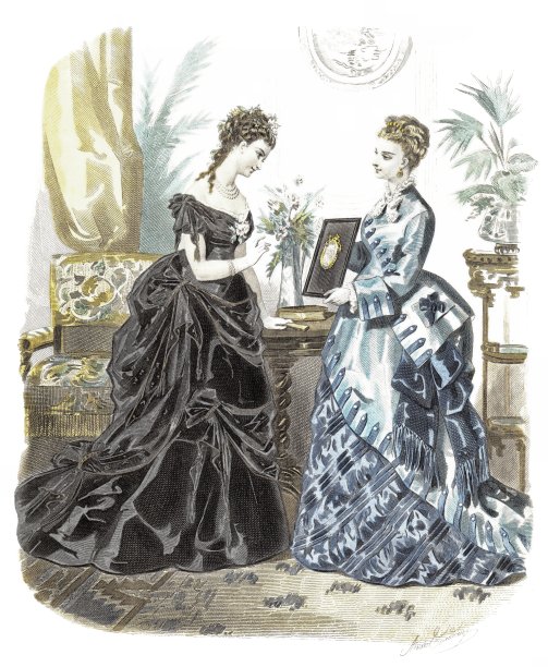 黑色罗缎连衣裙，裸露身体-蓝色罗缎和蓝色开司米外衣制成的裙子。优雅时尚1874图片下载