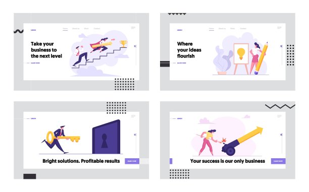 商务人士爬楼梯到成功登陆页面集。男人和女人的性格。商业竞赛，目标成就，创意创意概念网站横幅。矢量平面卡通插图图片下载