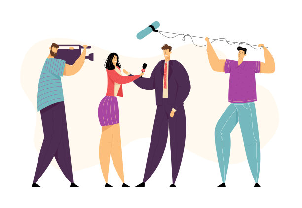 电视女记者做报道。女性新闻记者人物采访。大众传媒广播概念与摄影师。矢量平面插图图片下载