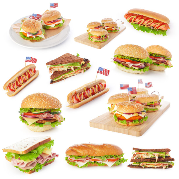 垃圾快餐拼贴汉堡，三明治和热狗孤立的白色背景图片下载
