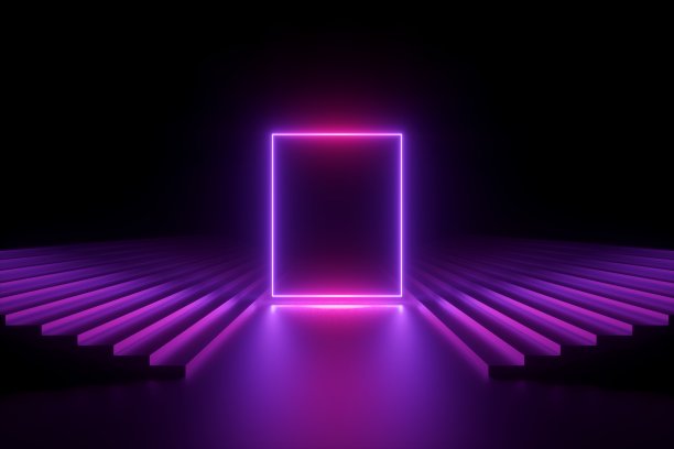 3d渲染，抽象霓虹背景，音乐表演舞台，楼梯间发光的矩形形状，空白横幅，紫外线光谱，粉紫色激光显示图片下载
