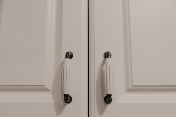 厨房里有白色储物柜把手的门-图像图片下载