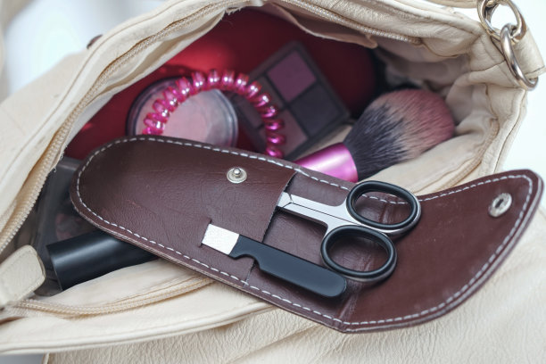指甲剪，棕色皮包。化妆包、钱包、修脚配件。时尚美丽的主题。库存图片图片下载