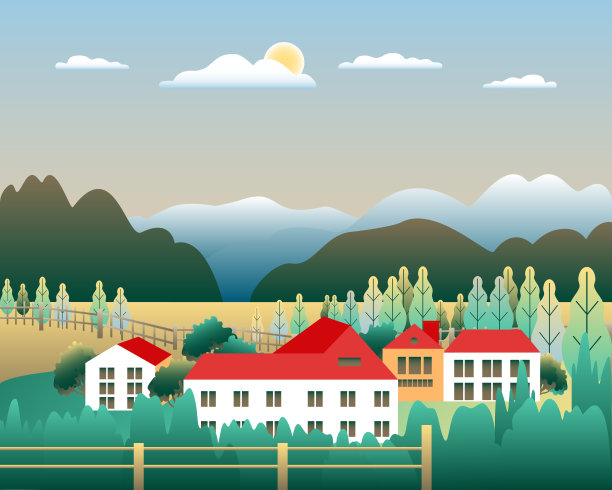 丘陵和山地景观与住宅农场在平面风格的设计。森林在山谷插图。绿色的田野，草地，树木，蓝天和太阳。乡村位置，森林，卡通向量背景图片下载