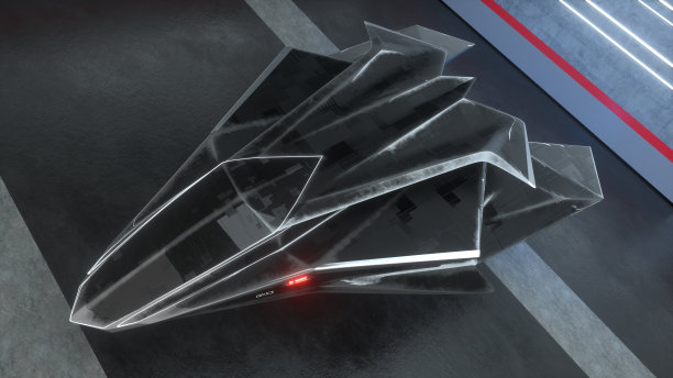 汽车修理厂中悬停的未来主义军用流线型飞机宇宙飞船3D渲染图片下载