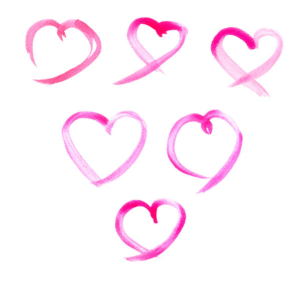一套粉色水彩心在白色的背景。抽象粉色心水彩颜料污渍插图图片下载