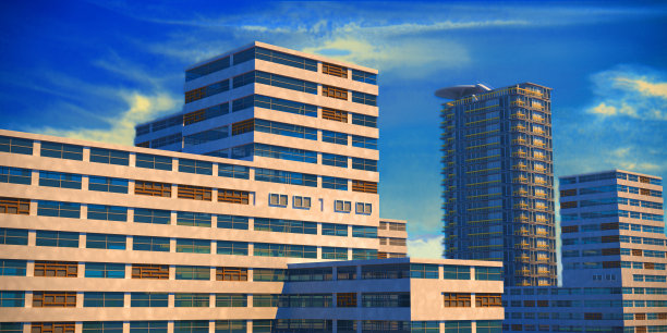 住宅小区。多层建筑映衬着蓝天。3 D演示。图片下载