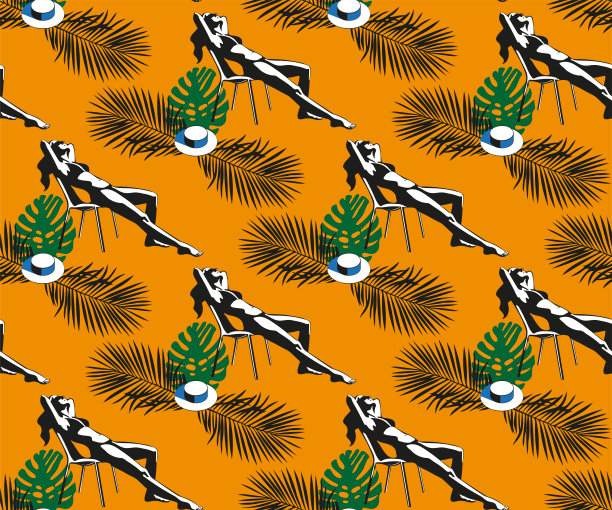 美丽的女人晒黑，戴着太阳镜，帽子，在海滩上，复古的风格。波普艺术。夏天的假期。矢量无缝模式插图图片下载