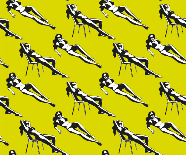 美丽的女人晒黑，戴着太阳镜，帽子，在海滩上，复古的风格。波普艺术。夏天的假期。矢量无缝模式插图图片下载