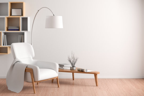 客厅的内部有舒适的白色皮革扶手椅与格子图片下载