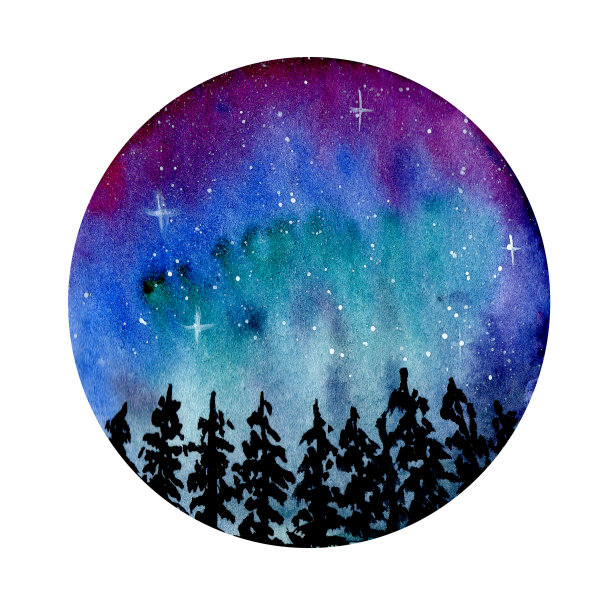 一个黑色的圣诞树森林的水彩画对抗星空与绿色北极光的黑色紫色星空。圆形图片上的白色背景图片下载