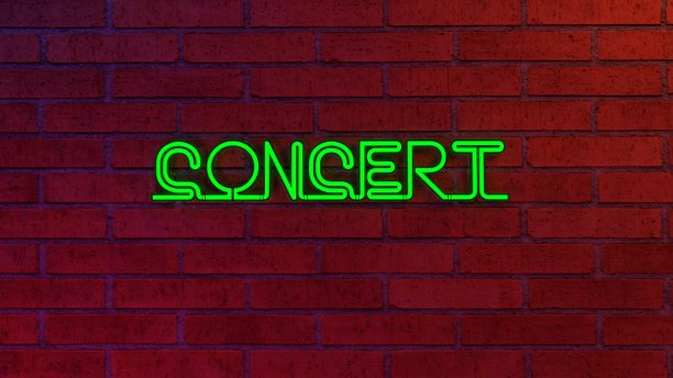 砖墙上的绿色霓虹文字“CONCERT”。3 d渲染。图片下载