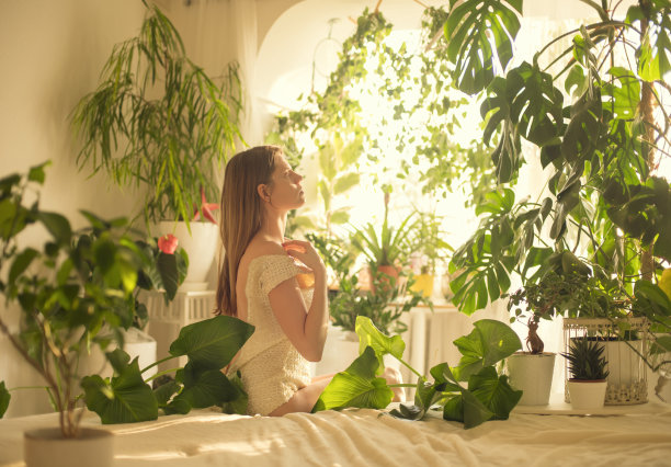年轻女子在有许多植物的房间里图片下载