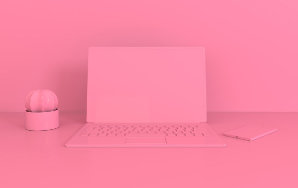 笔记本电脑的工作桌上模型的背景在现代简约风格。笔记本电脑，智能手机和仙人掌3d渲染。技术设备的概念图片下载