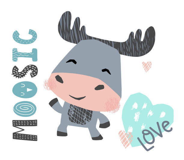 麋鹿宝宝舞蹈可爱的印花。可爱的动物听音乐。图片下载