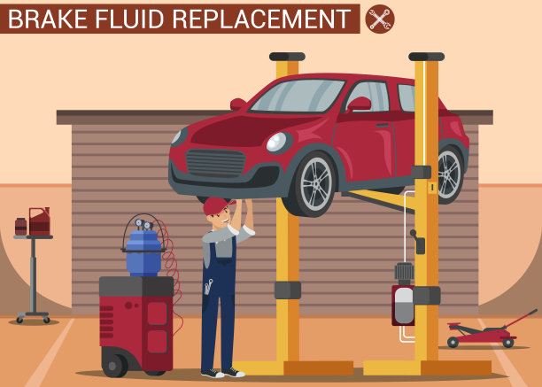 汽车机修工在电梯上修理红色汽车。向量。图片下载