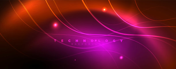 明亮的霓虹灯圆圈和波浪线，发光闪亮的背景设计模板，数字技术的概念。图片下载