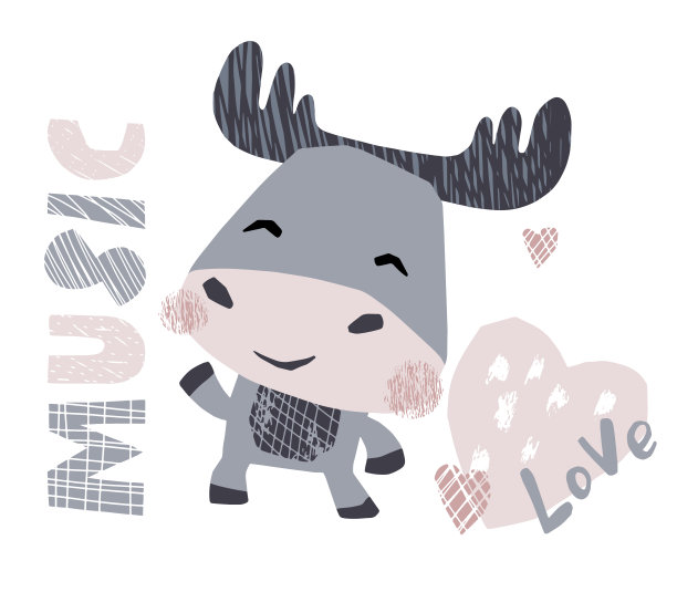 麋鹿宝宝舞蹈可爱的印花。可爱的动物听音乐。图片下载