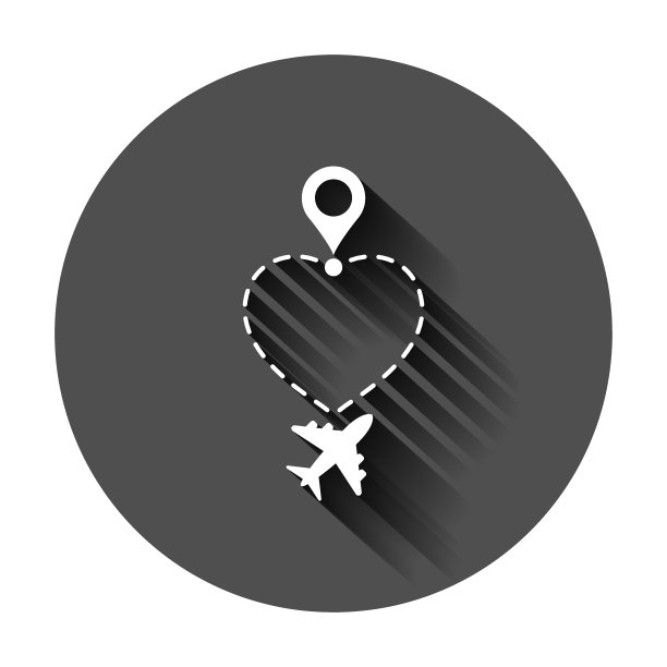 喜欢旅行路线图标在平坦的风格。飞机线路径矢量图上的黑色圆形背景与长阴影。虚线追溯经营理念。图片下载