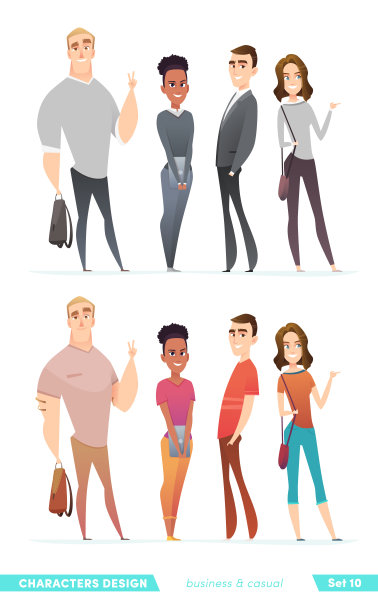 人们穿着两种不同风格的衣服。商务和休闲服装的人物设计系列。图片下载