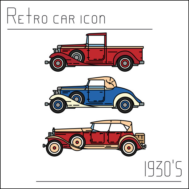 颜色矢量图标设置美国auto oldtimer。经典的1930风格。怀旧古董车。暑假旅游。复古卡通运动。高速公路。车库。收集车。设计插图。图片下载