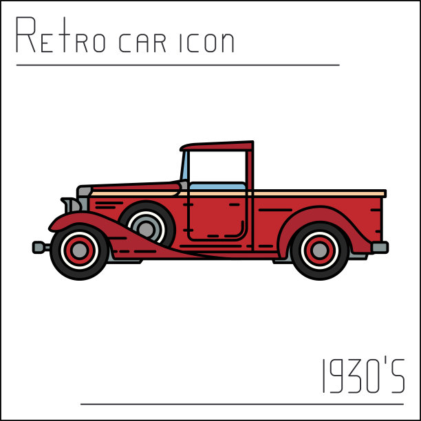 颜色矢量图标美国老式皮卡汽车。经典的20世纪30年代风格。怀旧古董车。暑假旅游。复古漫画。国家高速公路。复古的车库。插画收集车。图片下载