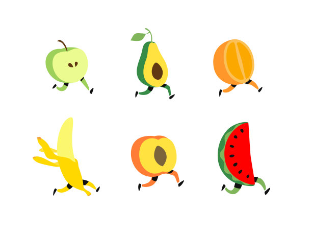 水果流动的插图。向量。特色水果鸡尾酒，健康食品。可爱的苹果，鳄梨，西瓜，香蕉，橙子桃子有脚。活泼的有机食品。图片下载
