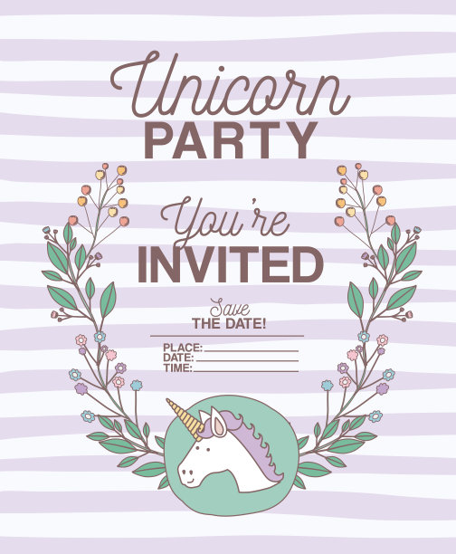 独角兽派对邀请卡与花卉装饰图片下载
